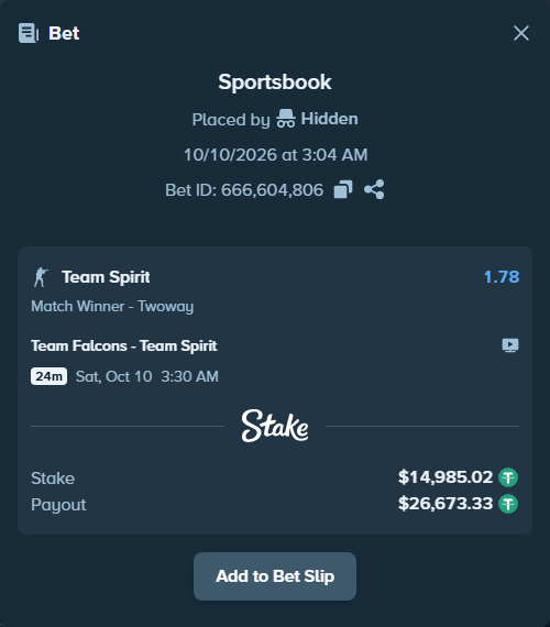 Bet slip: Team Falcons - Team Spirit, $15,000.00 stake at 1.78 odds, placed by Karay100