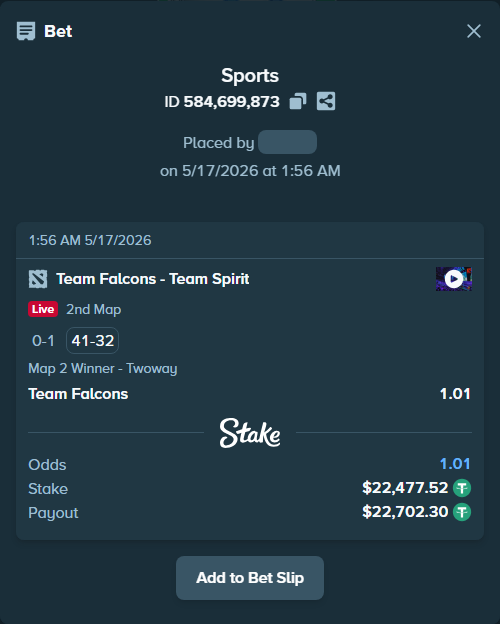 Bet slip: Team Falcons - Team Spirit, $22,500.00 stake at 1.01 odds, placed by PerryLBH