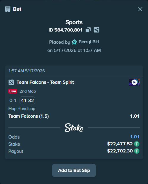 Bet slip: Team Falcons - Team Spirit, $22,500.00 stake at 1.01 odds, placed by PerryLBH