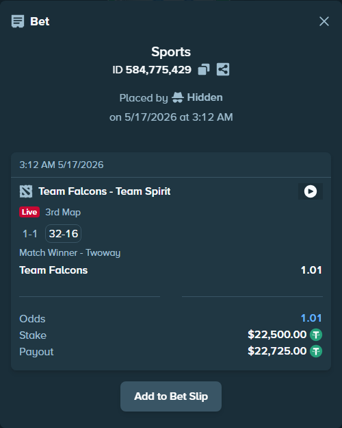 Bet slip: Team Falcons - Team Spirit, $22,500.00 stake at 1.01 odds, placed by PerryLBH