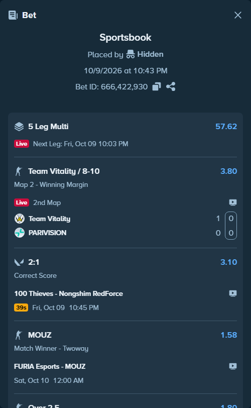 Bet slip: Team Falcons - Team Spirit, $50,000.00 stake at 1.80 odds, placed by Hidden
