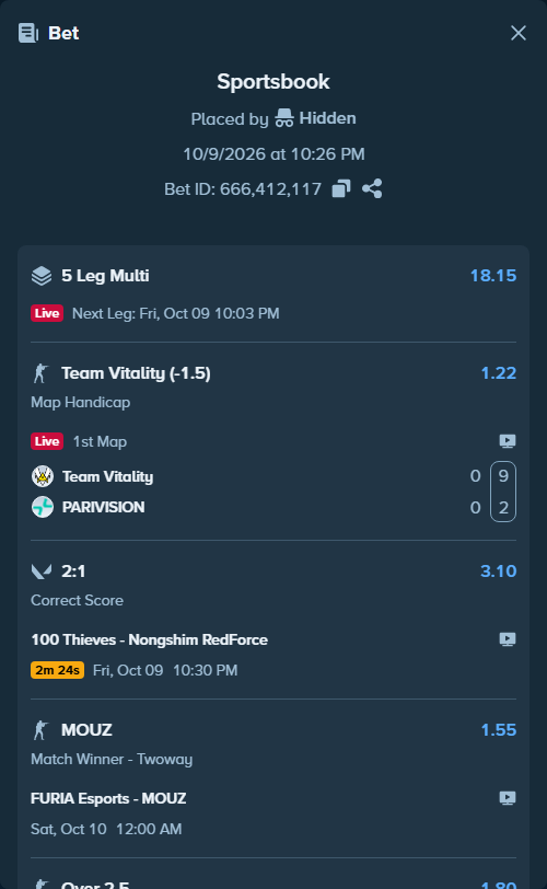 Bet slip: Team Falcons - Team Spirit, $50,754.97 stake at 1.80 odds, placed by Hidden