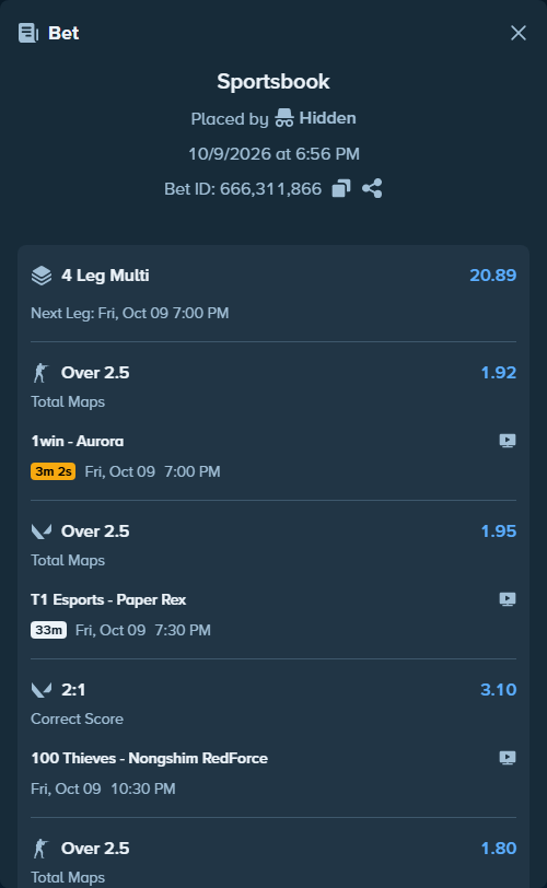 Bet slip: Team Falcons - Team Spirit, $75,000.00 stake at 1.80 odds, placed by Hidden