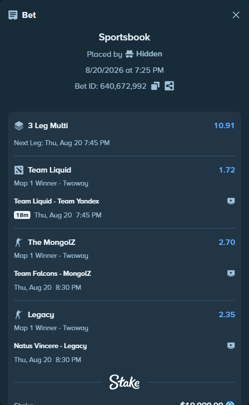 Bet slip: Team Falcons - The MongolZ, $10,000.00 stake at 2.70 odds, placed by Hidden