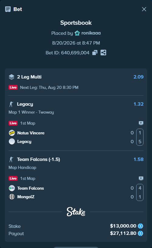 Bet slip: Team Falcons - The MongolZ, $13,000.00 stake at 1.58 odds, placed by ronikaaa