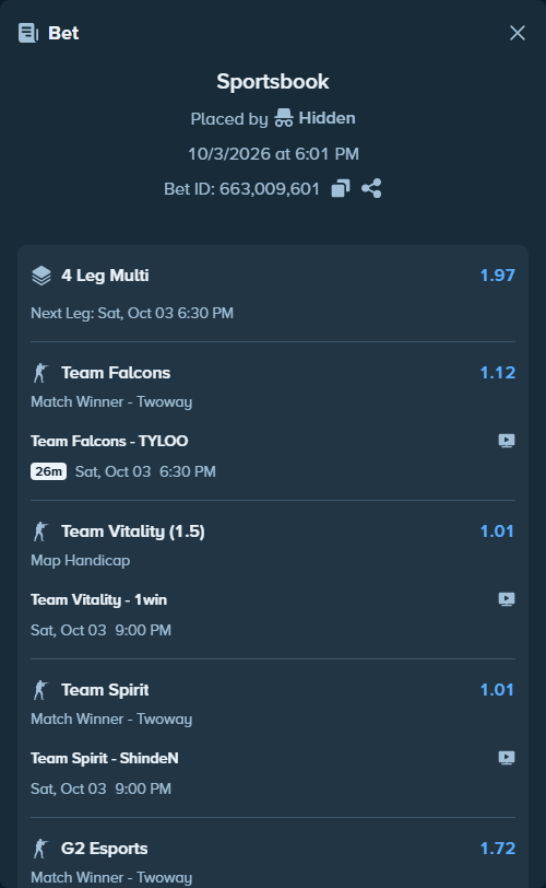Bet slip: Team Falcons - TYLOO, $10,000.00 stake at 1.12 odds, placed by Hidden