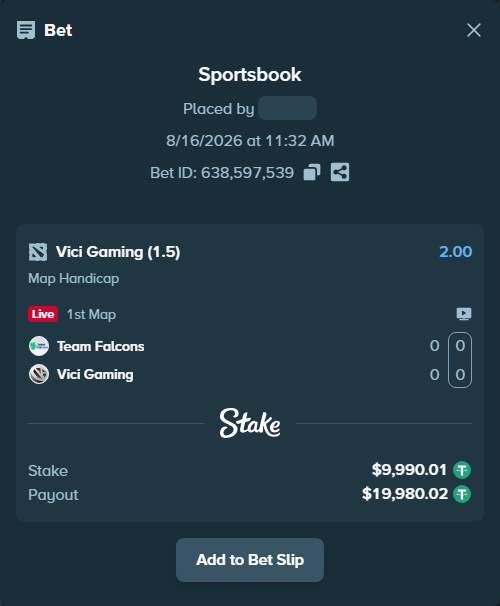 Bet slip: Team Falcons - Vici Gaming, $10,000.00 stake at 2.00 odds, placed by fantasy7788