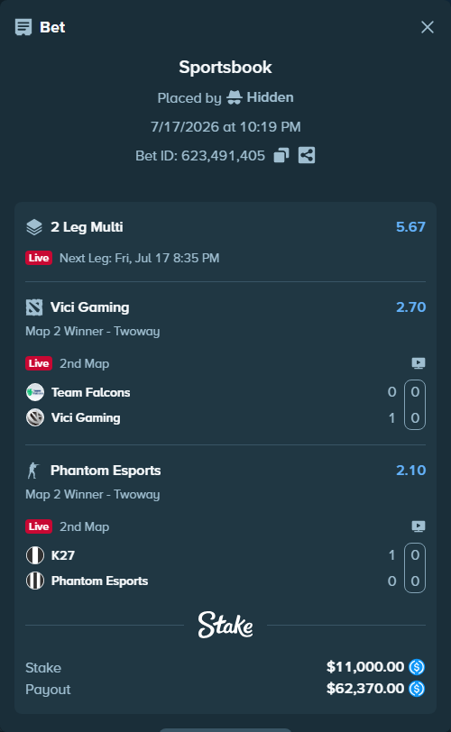 Bet slip: Team Falcons - Vici Gaming, $11,000.00 stake at 2.70 odds, placed by Hidden