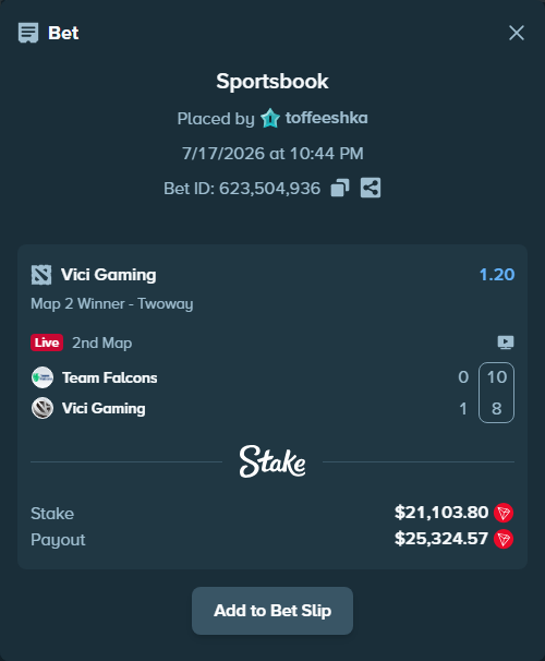 Bet slip: Team Falcons - Vici Gaming, $21,394.30 stake at 1.20 odds, placed by toffeeshka