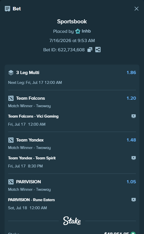 Bet slip: Team Falcons - Vici Gaming, $49,000.00 stake at 1.20 odds, placed by Inhb