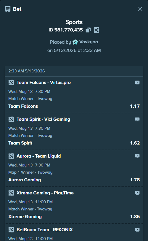 Bet slip: Team Falcons - Virtus.pro, $14,150.00 stake at 1.17 odds, placed by Vovkyaa