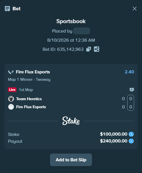 Bet slip: Team Heretics - Fire Flux Esports, $100,000.00 stake at 2.40 odds, placed by Cabrzy