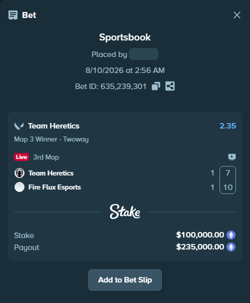 Bet slip: Team Heretics - Fire Flux Esports, $99,885.76 stake at 2.35 odds, placed by Cabrzy
