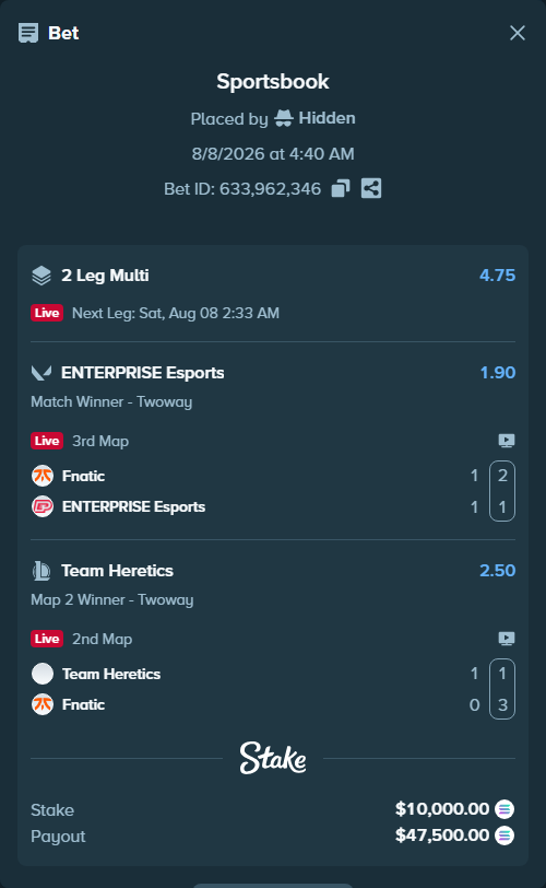 Bet slip: Team Heretics - Fnatic, $10,105.10 stake at 2.50 odds, placed by Hidden