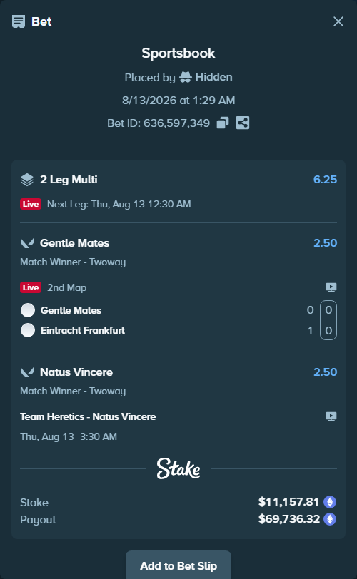 Bet slip: Team Heretics - Natus Vincere, $11,129.20 stake at 2.50 odds, placed by Hidden