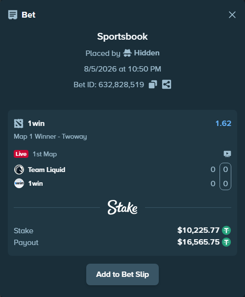 Bet slip: Team Liquid - 1win, $10,236.00 stake at 1.62 odds, placed by Hidden
