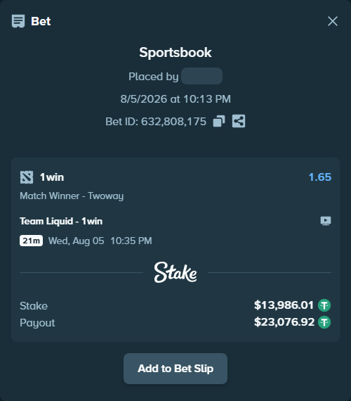 Bet slip: Team Liquid - 1win, $14,000.00 stake at 1.65 odds, placed by antoniku