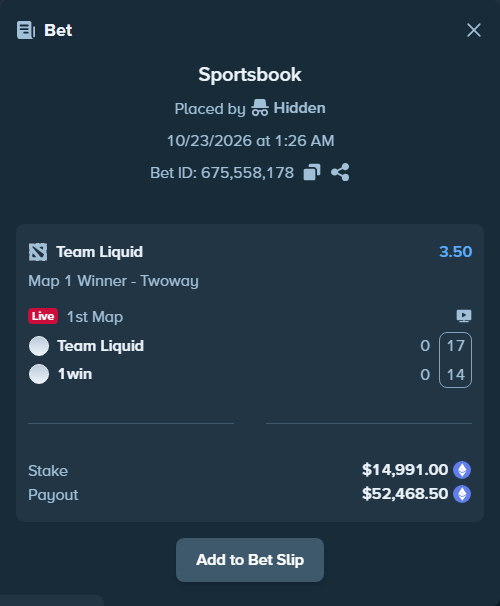 Bet slip: Team Liquid - 1win, $14,857.38 stake at 3.50 odds, placed by Hidden