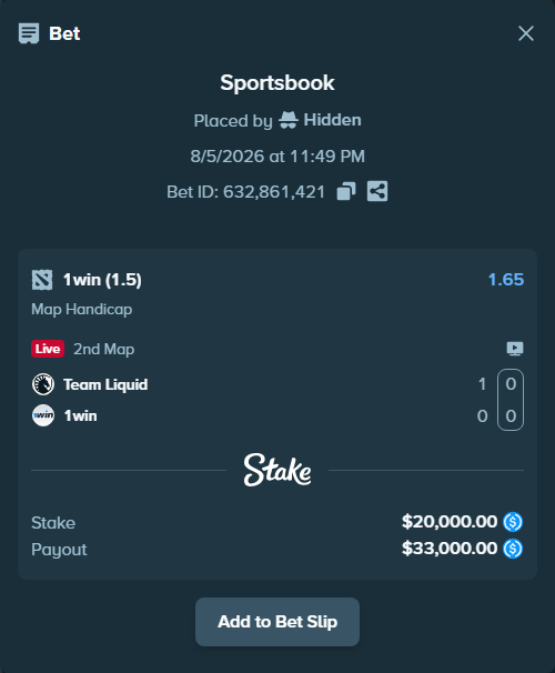 Bet slip: Team Liquid - 1win, $20,000.00 stake at 1.65 odds, placed by Hidden