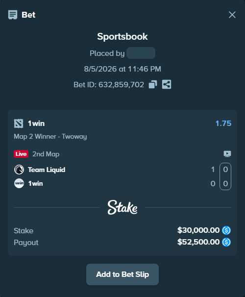 Bet slip: Team Liquid - 1win, $30,000.00 stake at 1.75 odds, placed by Igorko999