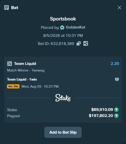 Bet slip: Team Liquid - 1win, $90,000.00 stake at 2.20 odds, placed by GoldenKot