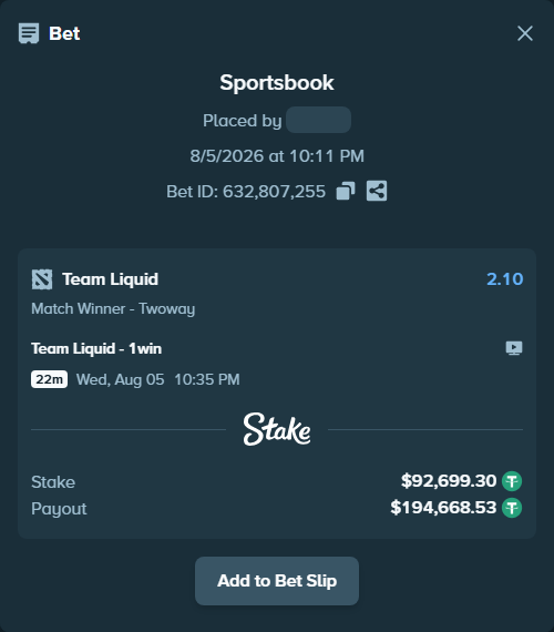 Bet slip: Team Liquid - 1win, $92,792.00 stake at 2.10 odds, placed by GoldenKot