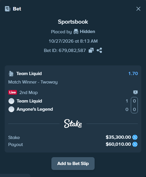 Bet slip: Team Liquid - Anyone's Legend, $35,300.00 stake at 1.70 odds, placed by Hidden