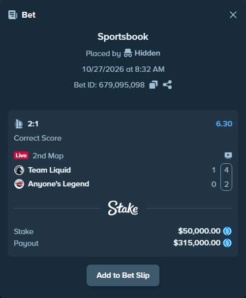 Bet slip: Team Liquid - Anyone's Legend, $50,000.00 stake at 6.30 odds, placed by Hidden