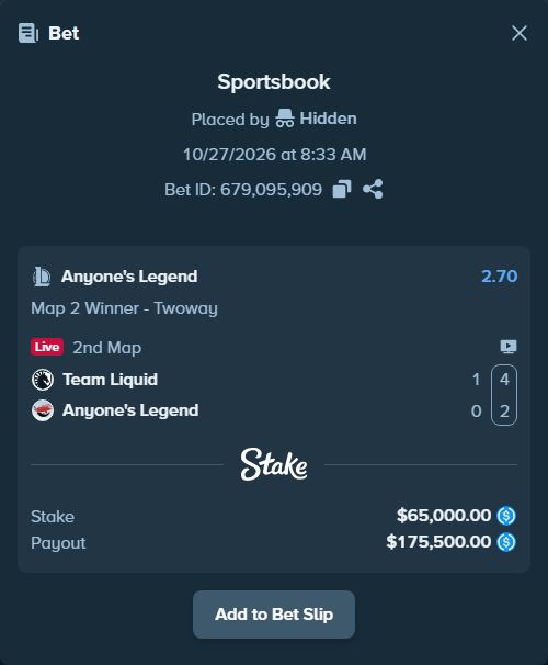 Bet slip: Team Liquid - Anyone's Legend, $65,000.00 stake at 2.70 odds, placed by Hidden