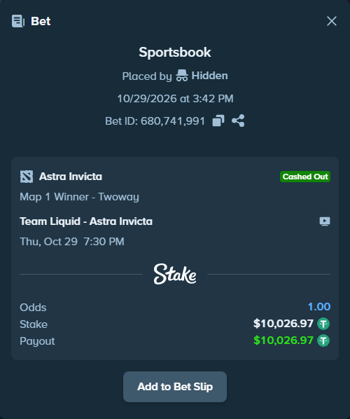Bet slip: Team Liquid - Astra Invicta, $10,037.00 stake at 2.20 odds, placed by Hanselwilliam1