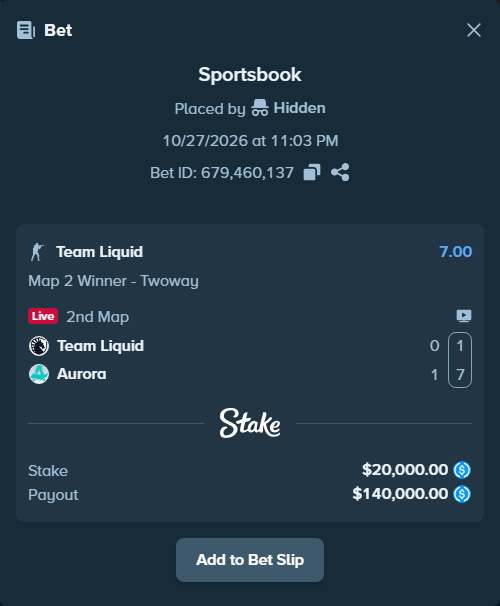 Bet slip: Team Liquid - Aurora Gaming, $20,000.00 stake at 7.00 odds, placed by Hidden