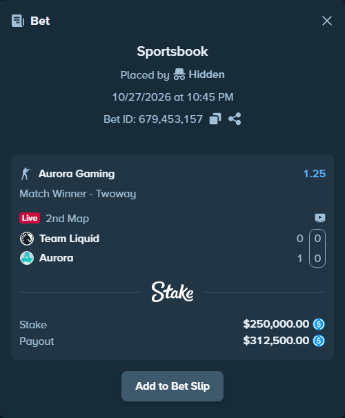 Bet slip: Team Liquid - Aurora Gaming, $250,000.00 stake at 1.25 odds, placed by Hidden