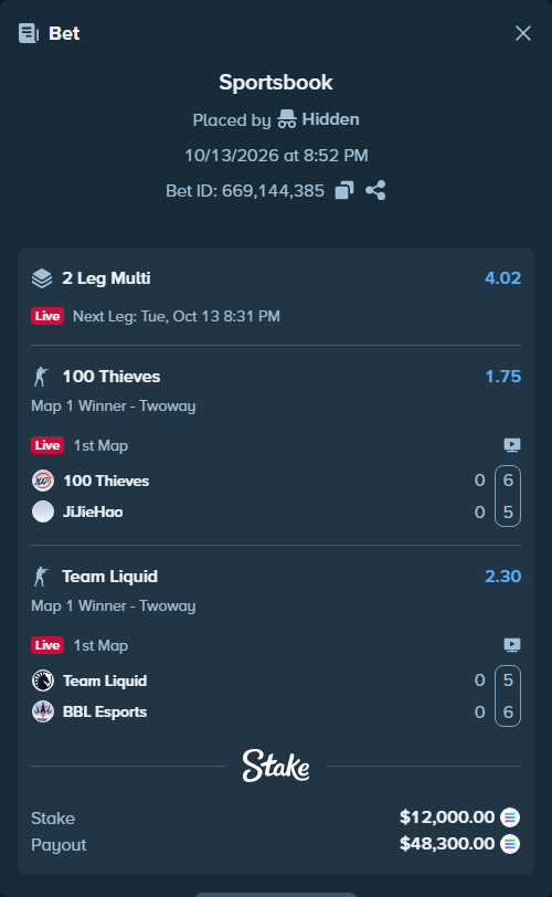 Bet slip: Team Liquid - BBL Esports, $12,001.50 stake at 2.30 odds, placed by Hidden