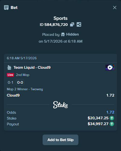 Bet slip: Team Liquid - Cloud9, $20,347.25 stake at 1.72 odds, placed by Hidden