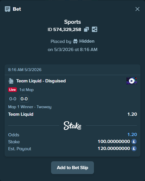 Bet slip: Team Liquid - Disguised, $4,450.00 stake at 1.20 odds, placed by Hidden