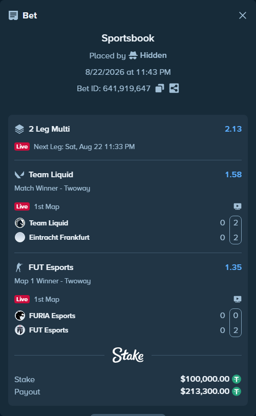 Bet slip: Team Liquid - Eintracht Frankfurt, $100,000.00 stake at 1.58 odds, placed by Hidden