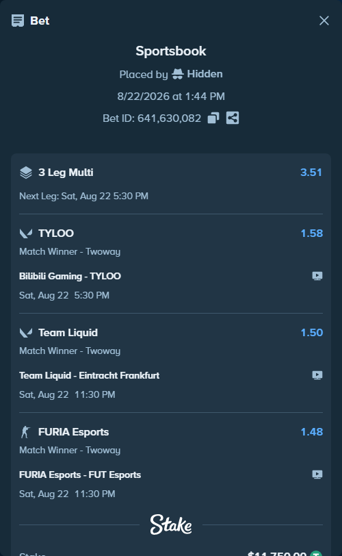 Bet slip: Team Liquid - Eintracht Frankfurt, $11,750.00 stake at 1.50 odds, placed by Hidden