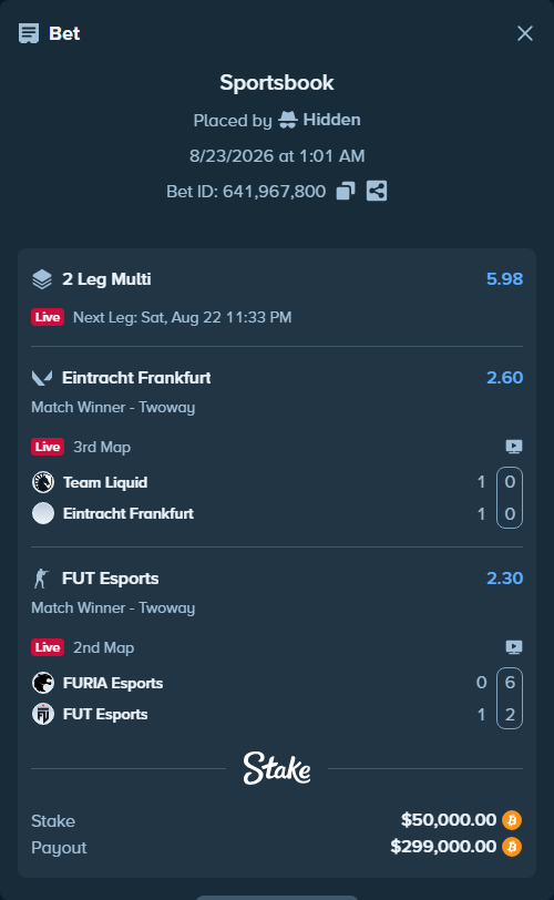 Bet slip: Team Liquid - Eintracht Frankfurt, $50,166.35 stake at 2.60 odds, placed by Hidden