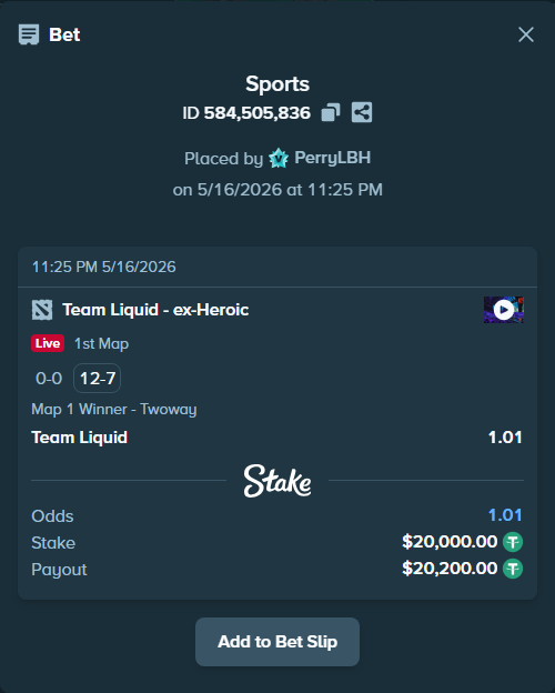 Bet slip: Team Liquid - ex-Heroic, $20,000.00 stake at 1.01 odds, placed by PerryLBH