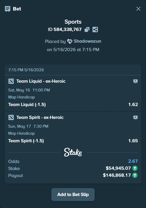 Bet slip: Team Liquid - ex-Heroic, $55,000.02 stake at 1.62 odds, placed by Shadowazun