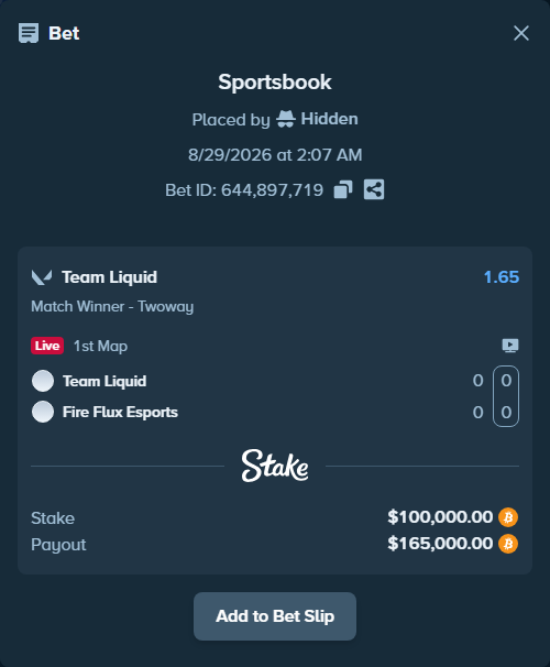 Bet slip: Team Liquid - Fire Flux Esports, $100,795.03 stake at 1.65 odds, placed by Hidden