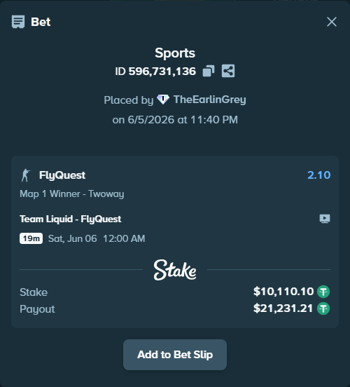 Bet slip: Team Liquid - FlyQuest, $10,110.10 stake at 2.10 odds, placed by TheEarlinGrey