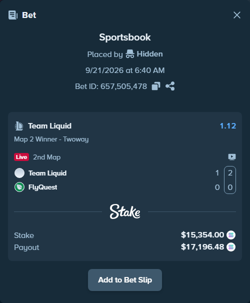Bet slip: Team Liquid - FlyQuest, $15,396.62 stake at 1.12 odds, placed by Hidden