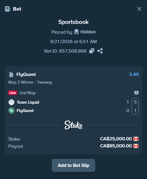 Bet slip: Team Liquid - FlyQuest, $18,500.00 stake at 3.40 odds, placed by Hidden