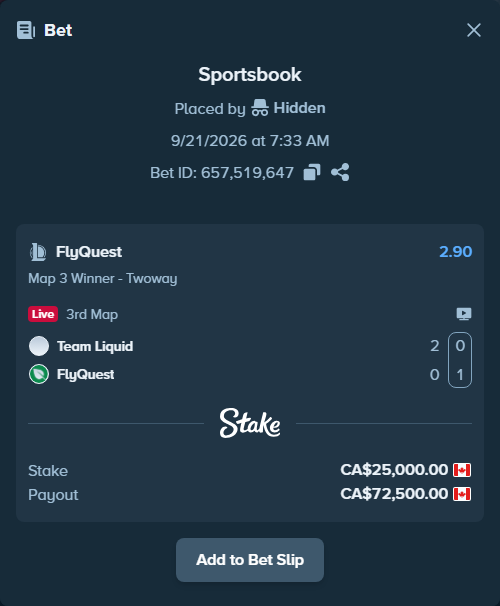 Bet slip: Team Liquid - FlyQuest, $18,500.00 stake at 2.90 odds, placed by Hidden