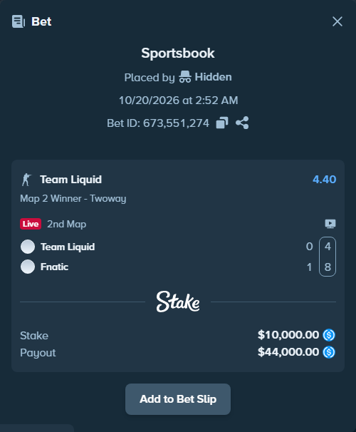 Bet slip: Team Liquid - Fnatic, $10,000.00 stake at 4.40 odds, placed by Hidden