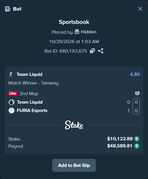 Bet slip: Team Liquid - FURIA Esports, $10,133.00 stake at 4.80 odds, placed by StRoGo