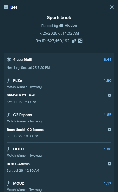 Bet slip: Team Liquid - G2 Esports, $13,354.34 stake at 1.65 odds, placed by Hidden
