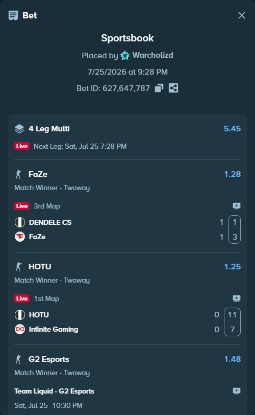 Bet slip: Team Liquid - G2 Esports, $17,693.16 stake at 1.48 odds, placed by Warcholizd