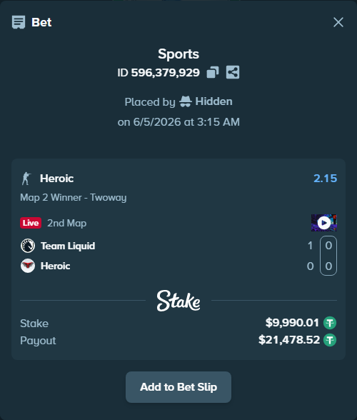 Bet slip: Team Liquid - Heroic, $10,000.00 stake at 2.15 odds, placed by Hidden